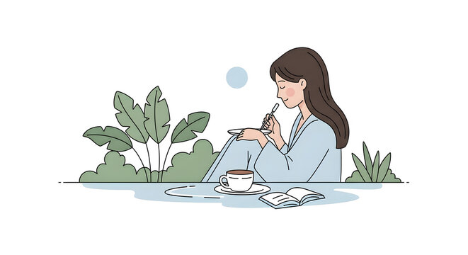 Peaceful woman journaling outdoors with coffee and book. Minimalist illustration of creative leisure, relaxation, and mindfulness in nature.
