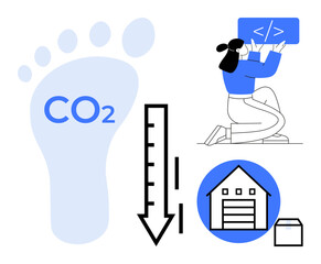 Footprint graphic with CO2 text, downward arrow, coder with screen, warehouse icon. Ideal for sustainability, coding, logistics, energy efficiency, emissions reduction environmental awareness