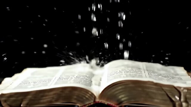 Water Splashes on an Open Book with Pages Under Dramatic Lighting and Black Background