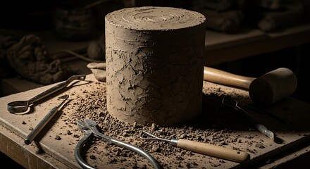 A raw clay cylinder stands on a dusty wooden table, surrounded by various pottery tools like wire cutters and a hammer in a dimly lit studio.