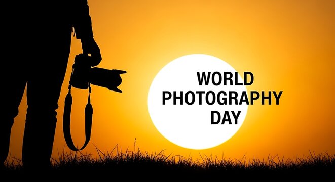 Photographer silhouette against a vibrant sunset celebrating world photography day - Powered by Adobe