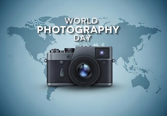 Vintage camera on a world map celebrating world photography day