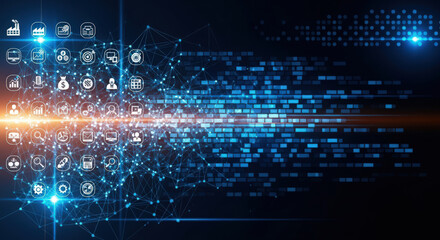 Digital Transformation Network A Connected Web of Business Icons and Data Flow for Technology Integration and Modern Communication Solutions