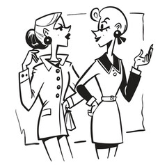 Two fashionable women in a 1950s-inspired black-and-white cartoon style, bold lines, confident poses, one in a skirt suit, the other in a short skirt and sweater, mid-century modern illustration style