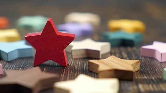 Wooden Stars on Dark Wooden Surface with Red Star Standing Out in Focus