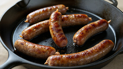 Fototapeta premium Grilled Sausages in Cast Iron Skillet