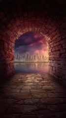 A tunnel archway leads to a city skyline