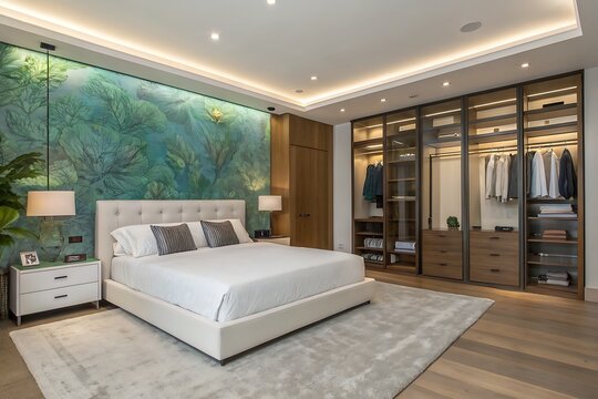 Luxury bedroom with botanical wallpaper and walk-in closet