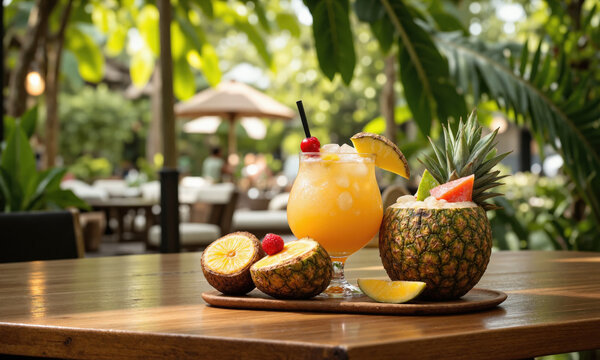 Tropical Fruit-Picked Cocktails with Palm Leaves and Exotic Garnishes Tropical cocktails served in coconut shells, adorned with exotic fruit garnishes like mango slices