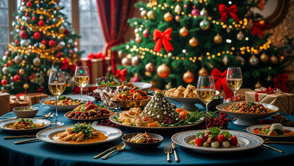 Elegant Christmas Dinner Table with Festive Decorations