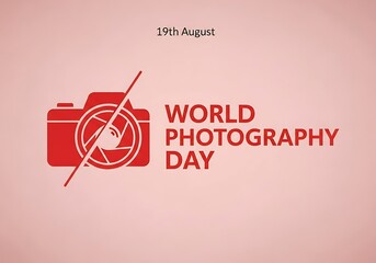 Red camera icon with world photography day text on a pink background
