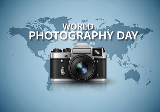World photography day celebration with vintage camera and map background