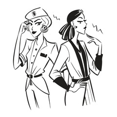 Two fashionable women in a 1950s-inspired black-and-white cartoon style, bold lines, confident poses, one in a skirt suit, the other in a short skirt and sweater, mid-century modern illustration style