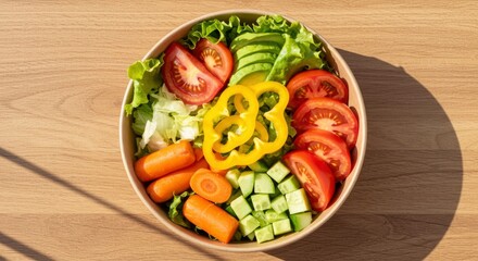Salad in a beige bowl featuring lettuce tomatoes avocado carrots yellow peppers and cucumber chunks on a light wood grain table top
