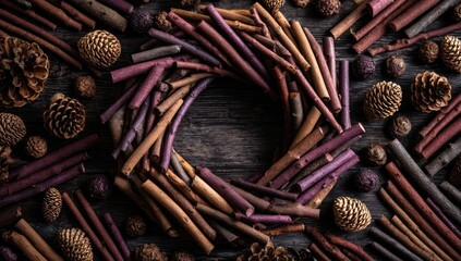 Colorful wooden wreath on dark wood, surrounded by pinecones and twigs