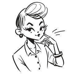 fashionable women in a 1950s-inspired black-and-white cartoon style, bold lines, confident poses, one in a skirt suit, the other in a short skirt and sweater, mid-century modern illustration style