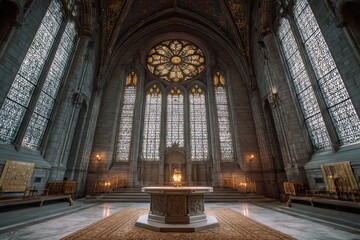 Obraz premium Grand cathedral interior with rose window and altar