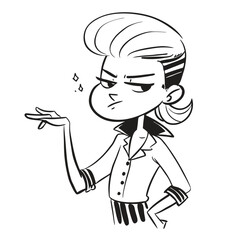fashionable women in a 1950s-inspired black-and-white cartoon style, bold lines, confident poses, one in a skirt suit, the other in a short skirt and sweater, mid-century modern illustration style