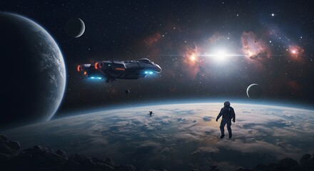 Fototapeta premium A lone astronaut observes a spaceship near a vibrant nebula and distant planets, a breathtaking cosmic vista.