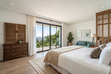 Modern bedroom with balcony overlooking the sea and trees