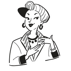 fashionable women in a 1950s-inspired black-and-white cartoon style, bold lines, confident poses, one in a skirt suit, the other in a short skirt and sweater, mid-century modern illustration style