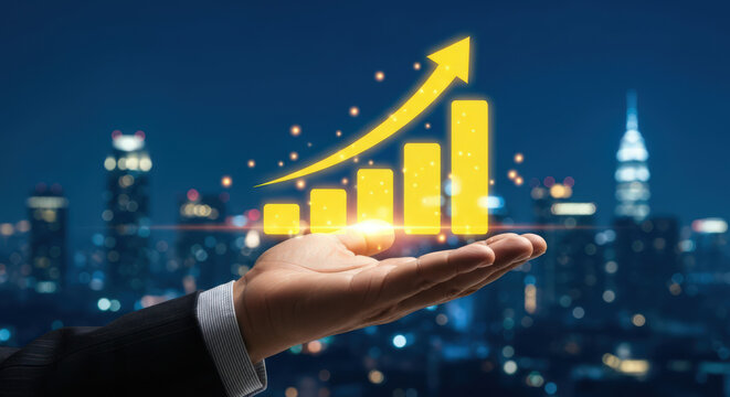 Elevated Business Performance A Hand Presenting a Rising Bar Graph with an Arrow Symbolizing Growth and Success Against a Cityscape Background at Dusk