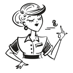 fashionable women in a 1950s-inspired black-and-white cartoon style, bold lines, confident poses, one in a skirt suit, the other in a short skirt and sweater, mid-century modern illustration style