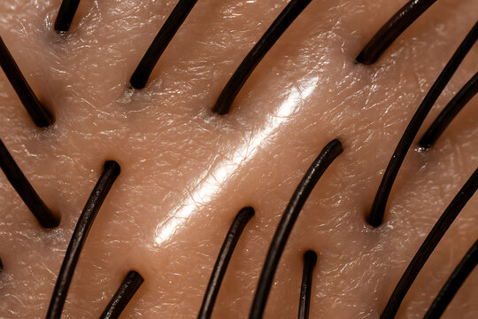 Extreme close-up of human scalp with individual hair strands emerging from follicles.