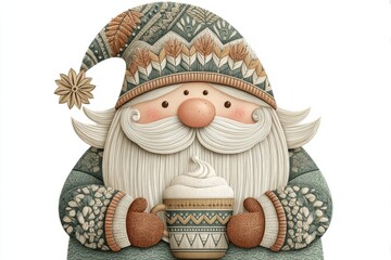 Fototapeta premium Smiling Cartoon Santa with Knitted Hat and Sweater Holding a Warm Drink