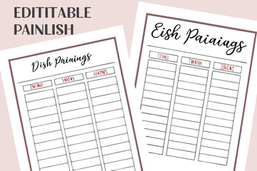 Editable dish pairing and meal planning sheets for organized home management and culinary inspiration
