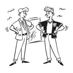 Two fashionable women in a 1950s-inspired black-and-white cartoon style, bold lines, confident poses, one in a skirt suit, the other in a short skirt and sweater, mid-century modern illustration style