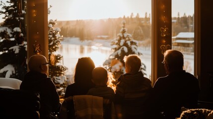 Obraz premium Multi-generational family watches golden winter sunset over snowy landscape through large window