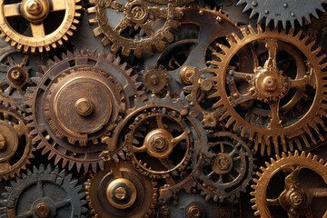 Intricate steampunk gears and cogs in close up detail