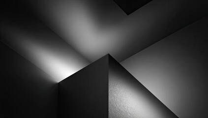 Abstract grayscale image of intersecting planes.  Light illuminates geometric shapes, creating strong shadows and highlights. 