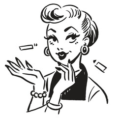 one fashionable women in a 1950s-inspired black-and-white cartoon style, bold lines, confident poses, one in a skirt suit, the other in a short skirt and sweater, mid-century modern illustration style