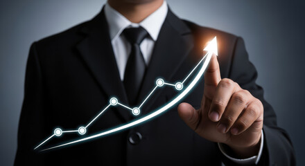 Business Growth and Success A Business Person's Hand Points to an Upward Trending Graph with Data Points Indicating Positive Growth and Achievement on a Dark Background