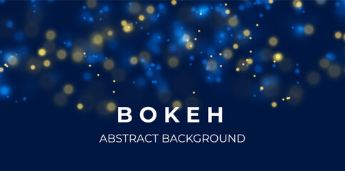 Blue and yellow bokeh light background. Sparkle effect with particles. Magic overlay dust. Glitter blur texture.