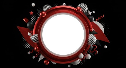 Festive Frame of Elegance: An elegant, modern frame design, utilizing bold geometric shapes, spherical orbs, and striking red accents that invite the viewer to the center.