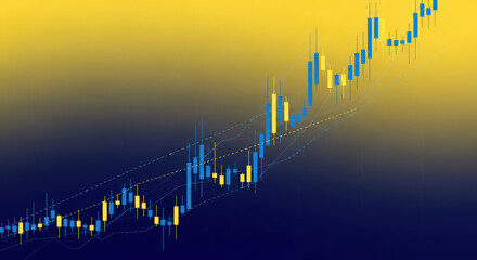 Dynamic Stock Market Chart A Visual Representation of Fluctuating Stock Prices and Market Trends with Blue and Yellow Candlesticks Against a Gradient Background