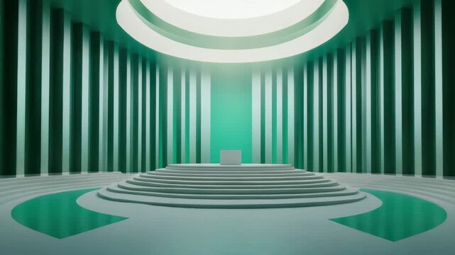 Modern circular interior featuring green columns and vertical panels, white stepped platform and stairs bright ceiling light and large skylight, creating calm spacious atmosphere with modern