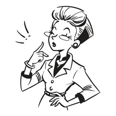 one fashionable women in a 1950s-inspired black-and-white cartoon style, bold lines, confident poses, one in a skirt suit, the other in a short skirt and sweater, mid-century modern illustration style