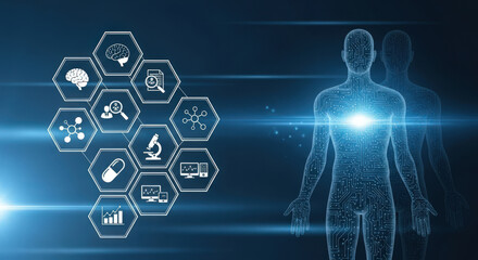 Advancements in Medical Technology A Conceptual Illustration of Healthcare Innovation and Scientific Research with Human Body and Data Analysis on Dark Blue