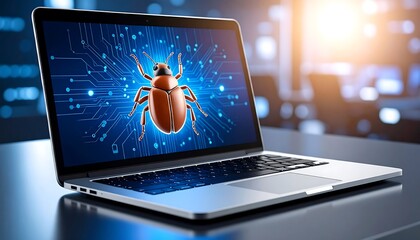 Laptop displaying a digital bug on a circuit board background