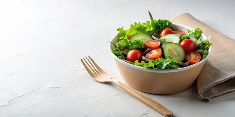 Refreshing Vegetable Salad in a Sustainable Bowl with Wooden Utensil on a Light Surface