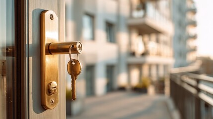 Obraz premium Apartment Door Opens to Balcony View: Golden Key in the Lock, Property Ownership