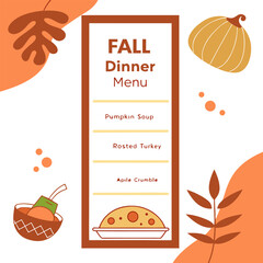 A delightful fall dinner menu featuring pumpkin soup roasted turkey and apple crumble with autumnal decorations