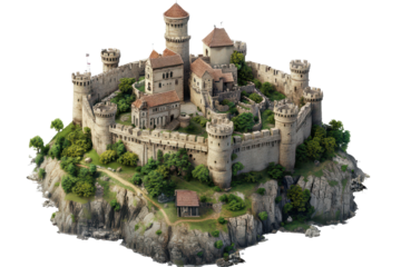 Fort surrounded castle with towers and walls on a rocky landscape, showing detailed architecture and greenery under a clear sky