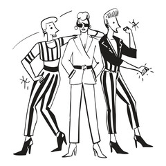 Two fashionable women in a 1950s-inspired black-and-white cartoon style, bold lines, confident poses, one in a skirt suit, the other in a short skirt and sweater, mid-century modern illustration style