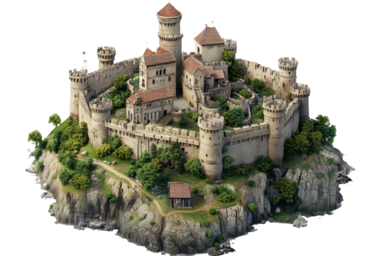 Fort surrounded castle with towers and walls on a rocky landscape, showing detailed architecture and greenery under a clear sky