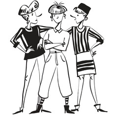 Two fashionable women in a 1950s-inspired black-and-white cartoon style, bold lines, confident poses, one in a skirt suit, the other in a short skirt and sweater, mid-century modern illustration style